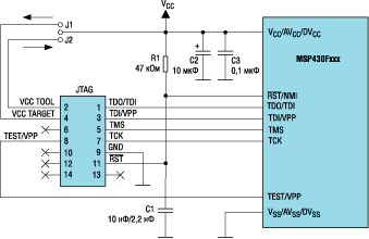 Типовая схема подключения JTAGинтерфейса к MSP430  