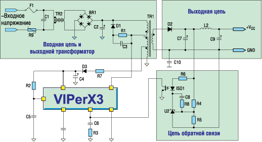 Принципиальная схема включения микросхемы семейства VIPer