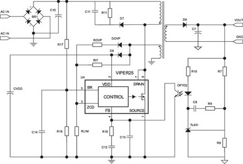 Полнофункциональная схема подключения микросхемы VIPer25